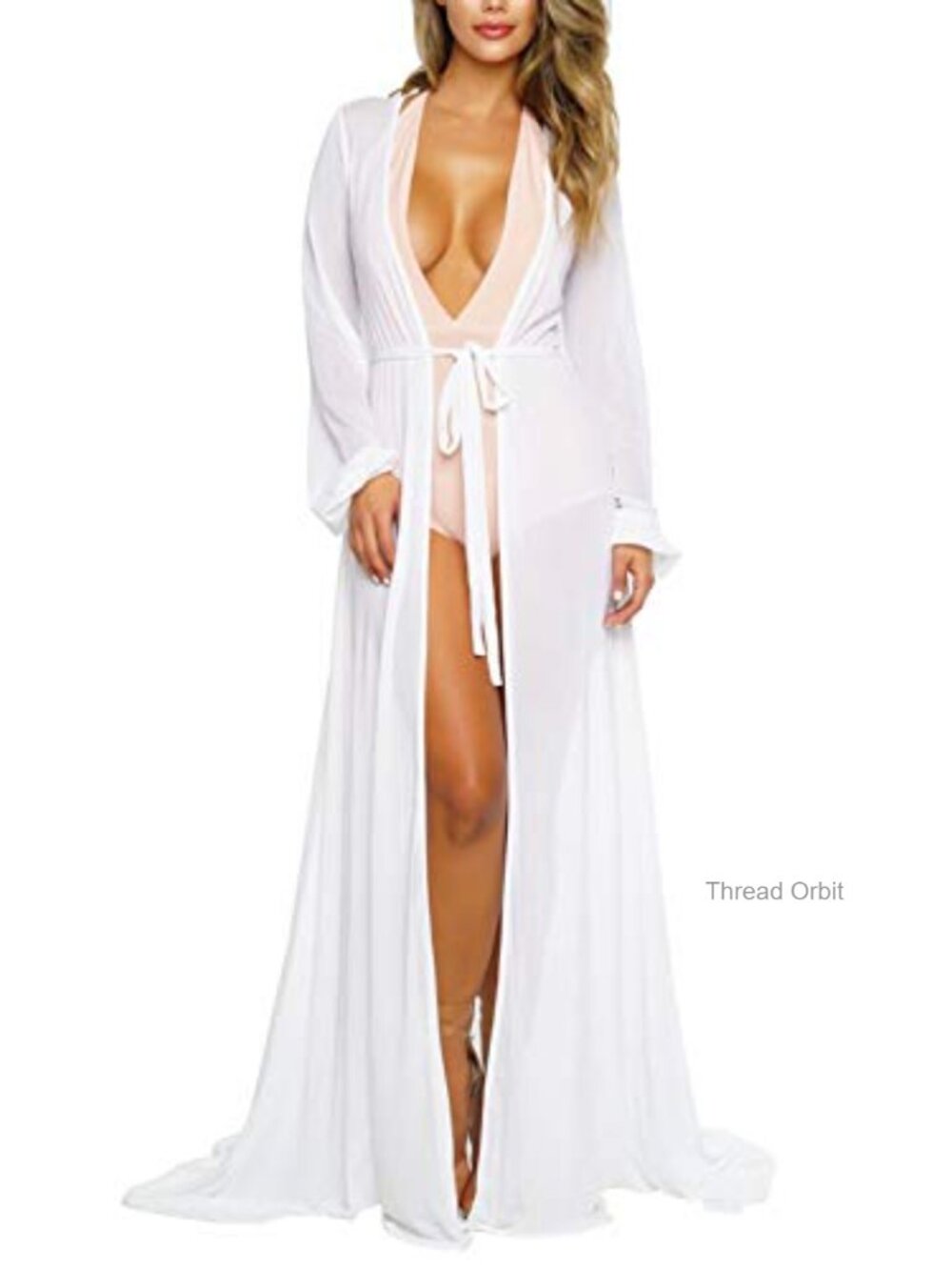 Women's Long Sleeve Sheer Mesh Maxi Cover Up Tie Front Beach Robe